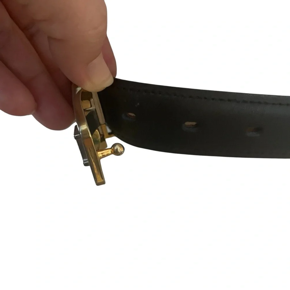 Gold Brass H Monogram Belt Brown Leather Unisex Mens Womens Size 42 Large